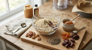 Oats, honey, seeds, and dried fruit laid out as ingredients for making natural energy bars for runners.
