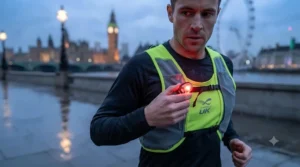 Runner attaching a rechargeable clip-on safety light to their hi-vis running top for night sessions.