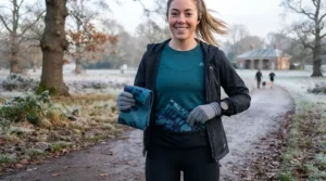 A runner in a frosty park tucking a folded, patterned fleece neck buff into a small, zippered mesh pocket integrated into the waistband of her leggings.