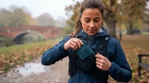 A lightweight thermal running hat folded easily into a running jacket pocket after a workout.