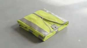 Folded compact high-visibility vest designed to easily fit into a rucksack or bicycle pannier.