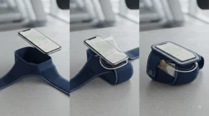 Close-up view of the bottom of the running armband, illustrating the precise cut-out ports for connecting wired headphones and charging cables while the phone is secured.