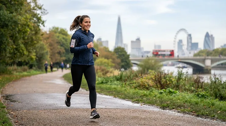 Female runner using a phone holder for running armband in a London park, checking a fitness app with the Shard and London Eye in the background. phone holder for running armband