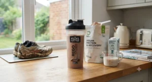 Vegan plant-based recovery drink powder mixed with oat milk in a shaker bottle for UK athletes.