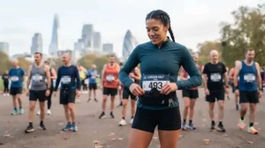 A race day running waist belt equipped with integrated number toggles for a UK half-marathon event.