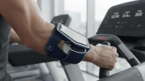The navy blue running armband in low light, showing the integrated high-visibility reflective trim glowing brightly when illuminated for safe night running.