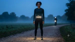 High-visibility reflective running belt for phones, ideal for safe evening jogs in low-light conditions.