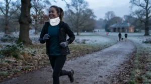 A runner wearing a high-visibility reflective neck tube during a dark winter evening run along a British street.