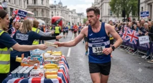 A runner grabbing an energy bar for runners from a feed station during a UK half marathon race.