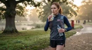 A marathon runner fueling up with energy bars for runners before an early morning training run in a UK park.