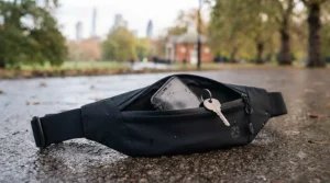 A running belt pouch holding a smartphone, house keys, and energy gels, showing high storage capacity for marathon training.