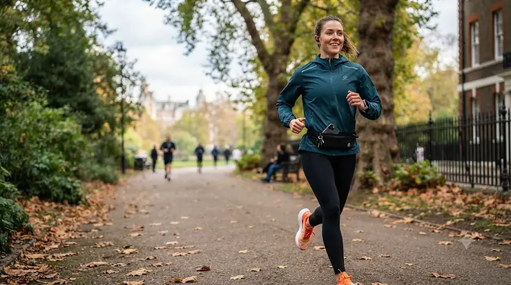 Runner wearing a secure running bum bag under 30 pounds during a morning jog in a British park running bum bag under £30