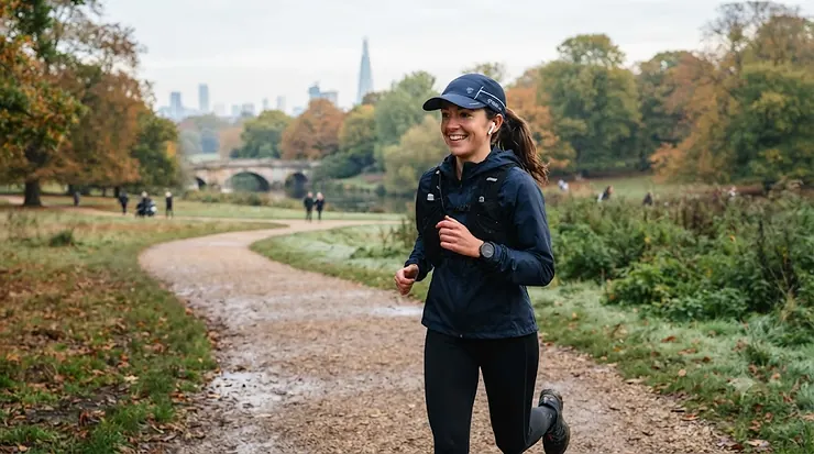 A stylish runner wearing a breathable running cap under £15 during an outdoor workout in a British park. running cap under £15