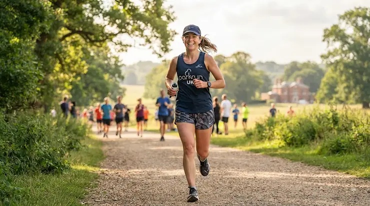 A runner wearing a lightweight running hat for sun protection during a sunny park run in the UK. running hat for sun protection