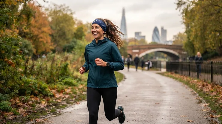 Woman wearing a moisture-wicking running headband for long hair during a morning jog in a London park. running headband for long hair