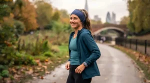 Rear view of a runner using a running headband with a secure ponytail opening to keep long hair in place.