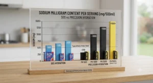 Detailed bar chart showing sodium milligram content per serving in SOS versus Precision Hydration drinks.