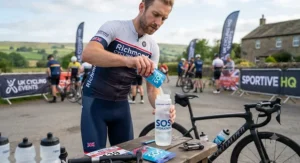 Cyclist mixing SOS Hydration electrolyte powder into a reusable water bottle before a sportive.