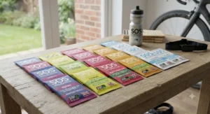 Assorted flavours of SOS Hydration powder sachets laid out for endurance athletes in Britain.