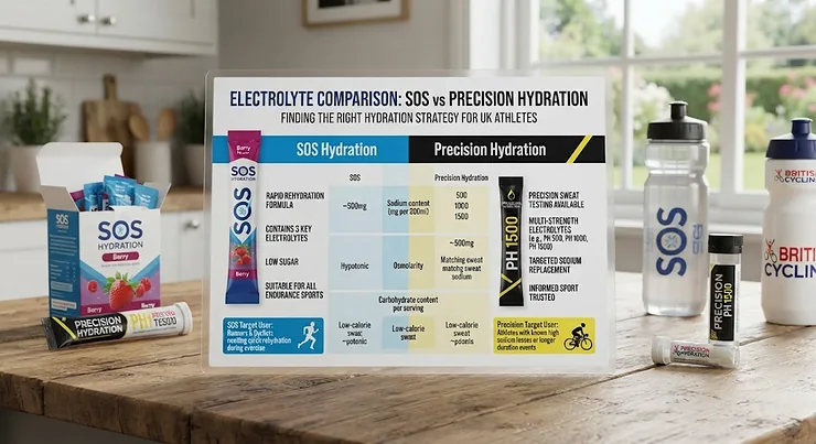 Infographic comparing SOS Hydration and Precision Hydration electrolyte drinks for UK runners and cyclists. SOS vs Precision Hydration