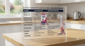 Comparison table highlighting ingredients, carbohydrates, and sugar content for both brands.