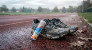 Pack of sugar-free electrolyte tablets for running resting next to running shoes on a damp track after British morning drizzle