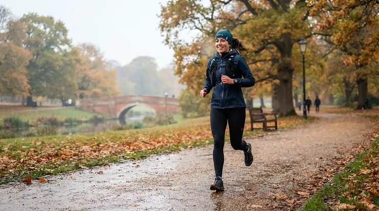A runner wearing a thermal running hat during a crisp winter morning jog in a British park. thermal running hat for winter runs
