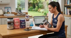 Fitness enthusiast reviewing top-rated commercial recovery drink tubs available in UK running shops.