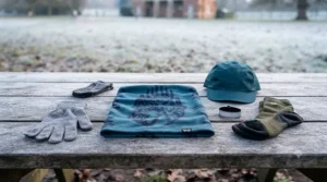A trail runner wearing a thermal neck gaiter navigating a muddy path through a British woodland during winter.