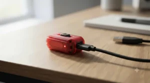 USB cable plugged into a compact rechargeable LED running light for easy home charging.