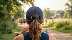 Side profile of a runner showing the curved brim of a sun protection running hat shielding the face.