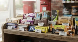 A selection of popular energy bars for runners packaged for sale in British sports nutrition shops.