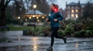 Close-up of a runner wearing weatherproof LED running lights during a rainy evening jog in a UK park.
