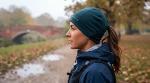 Side profile of a runner wearing a fleece-lined thermal running hat providing full ear and forehead coverage.