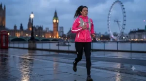Woman running outdoors in a waterproof, pink hi-vis running top designed for dark and wet weather.