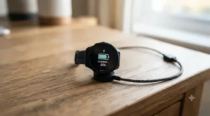 An affordable GPS running watch connected to a USB charging cable on a wooden desk, highlighting battery life.