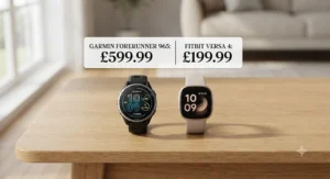 Price comparison chart showing entry-level Fitbit and mid-range Garmin fitness trackers for UK buyers.