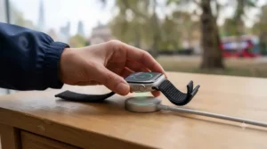 Runner putting an Apple Watch on a magnetic fast charger before heading out.