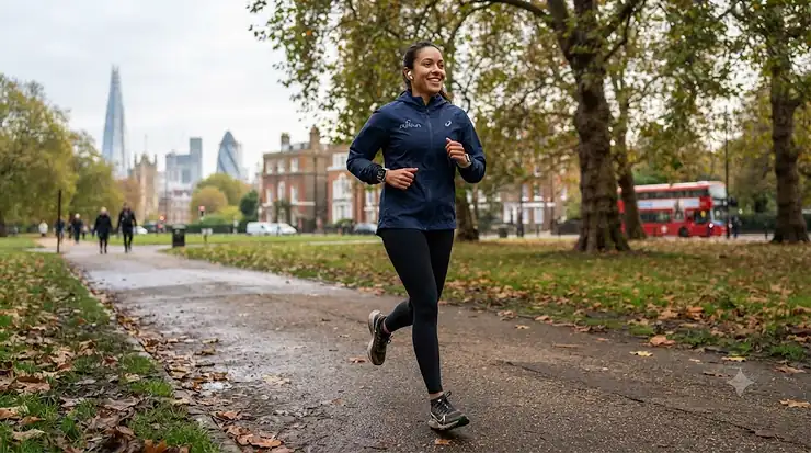 Runner checking their pace on an Apple Watch during a morning jog in a London park. Apple Watch for running