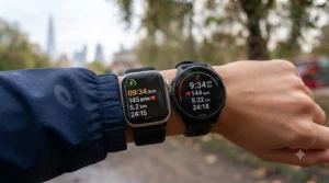 Side-by-side comparison of an Apple Watch and a dedicated sports watch on a wrist.