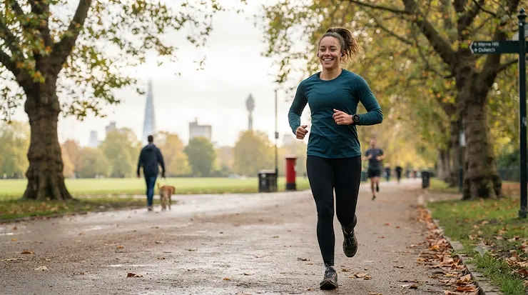 Runner wearing a sleek GPS fitness tracker on a morning jog through a London park fitness tracker for running