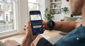 A runner checking their GPS running watch for marathon training metrics on a scenic route through a British park.