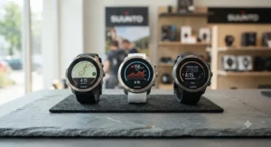 A comparison layout showing multiple Suunto running watch faces highlighting battery life and heart rate features.