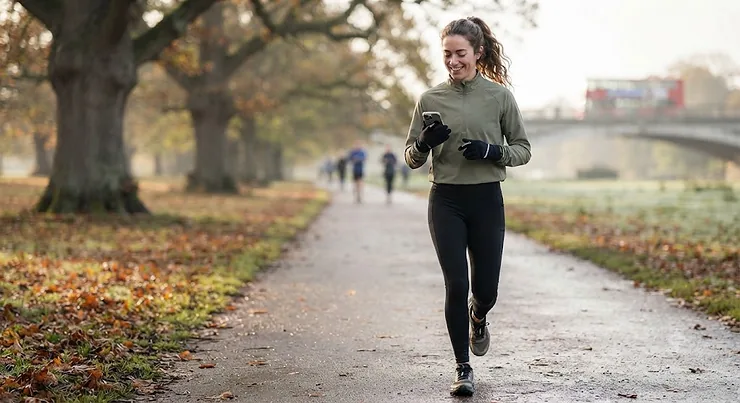 Runner using a smartphone while wearing reflective touchscreen running gloves in a park on a crisp morning. touchscreen running gloves