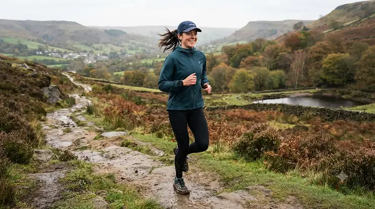 A budget GPS running watch displaying pace and distance on a wrist, worn by a runner training on a pavement in the UK. budget GPS running watch