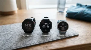 A flat-lay comparison of three budget-friendly GPS running watches showing different display layouts and strap colours.