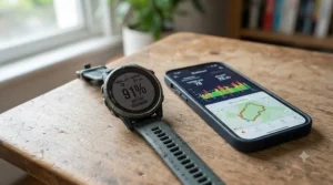 Smartphone displaying post-run analytics synced via the Coros training app alongside the matching sports watch.