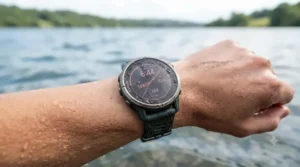 Triathlete wearing a waterproof Coros running watch while preparing for an open-water swim session.