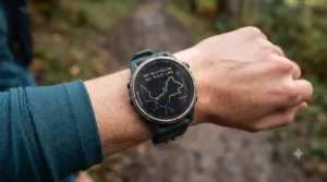 A Coros running watch screen showing a breadcrumb navigation route map being used on a muddy British cross-country trail.