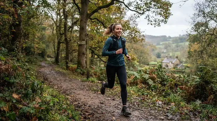 A high-performance Coros running watch displayed on a runner's wrist during a training session on a London park pathway, illustrating accurate GPS tracking. Coros running watch